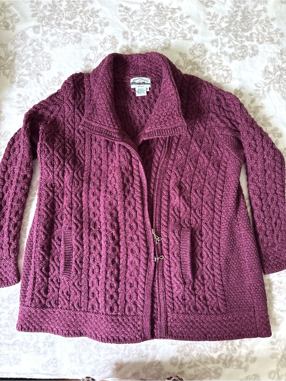 Aran Crafts Cable Knit Zip Cardigan in Plum